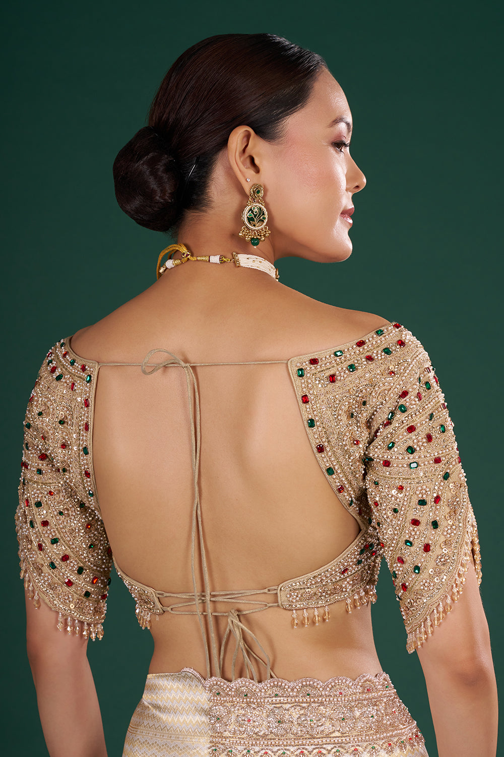 Ivory Gold Embroidered Shimmer Zari Brocade Saree with Rose Gold Cut Dana