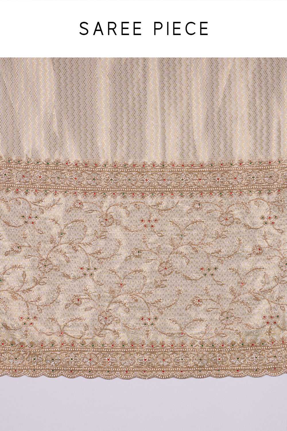 Ivory Gold Embroidered Shimmer Zari Brocade Saree with Rose Gold Cut Dana