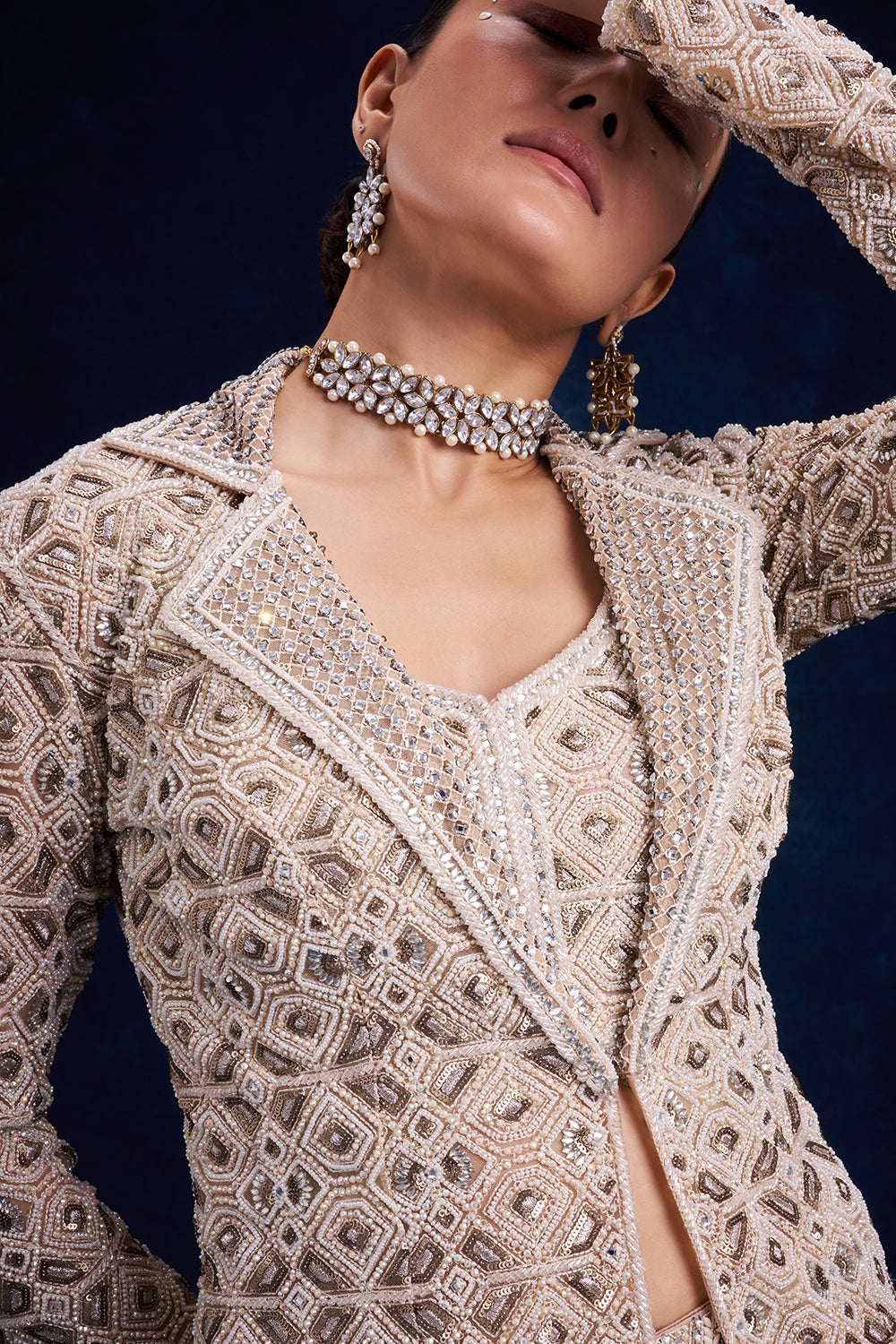 Ivory Gold Net Bridal Lehenga with Geometric Cutdana Work