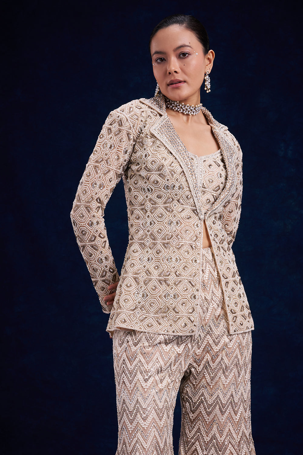 Ivory Gold Net Bridal Lehenga with Geometric Cutdana Work