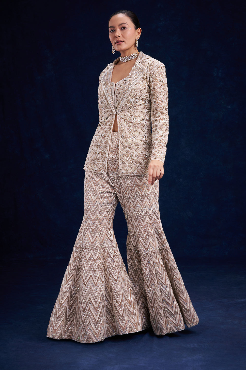 Ivory Gold Net Bridal Lehenga with Geometric Cutdana Work