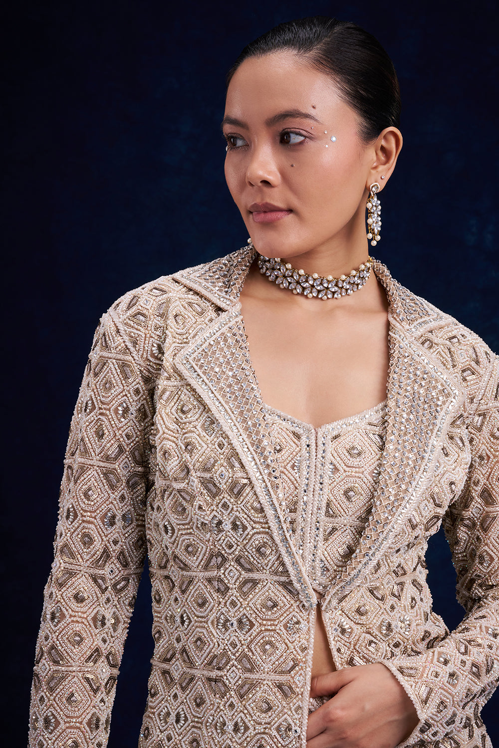 Ivory Gold Net Bridal Lehenga with Geometric Cutdana Work
