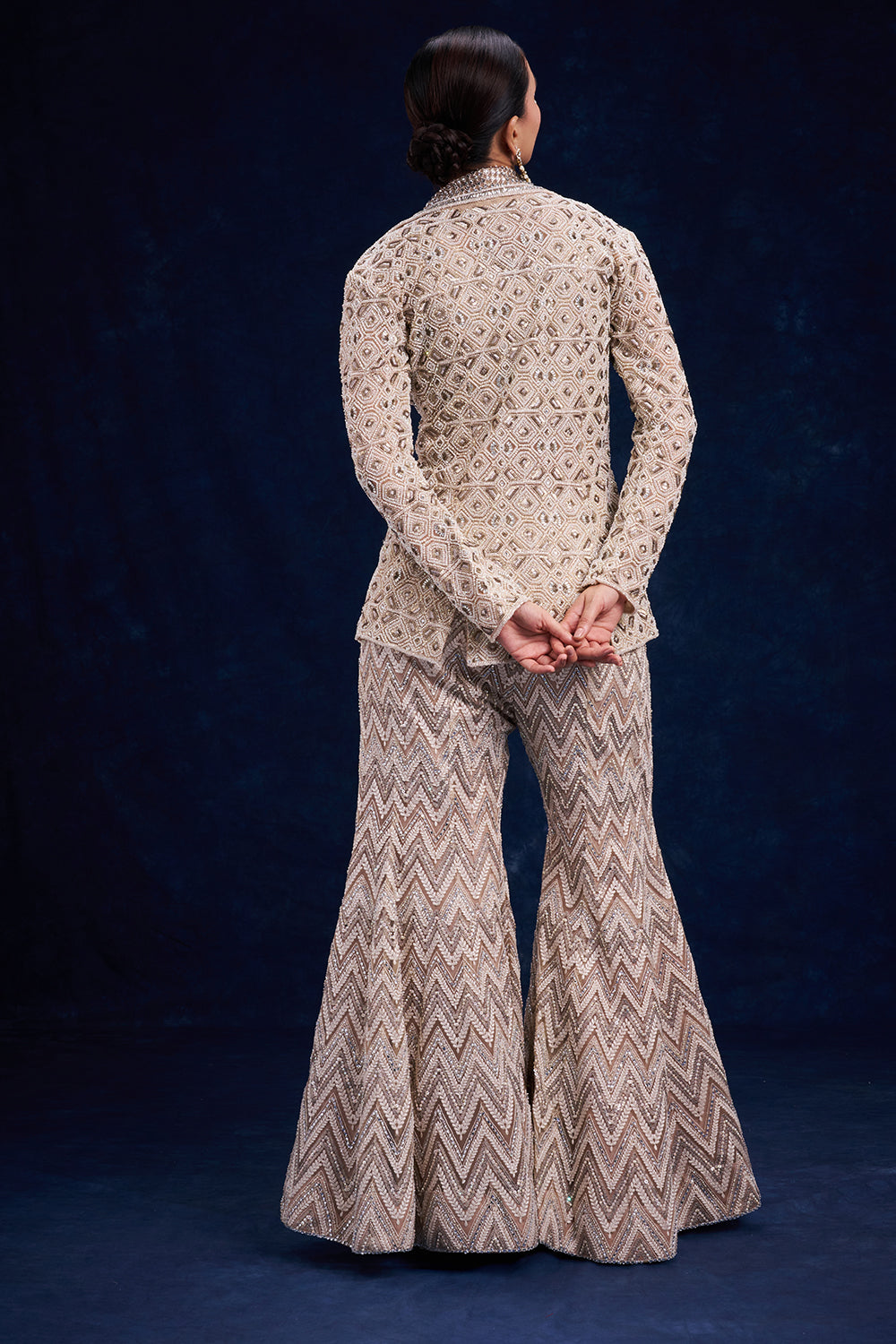 Ivory Gold Net Bridal Lehenga with Geometric Cutdana Work