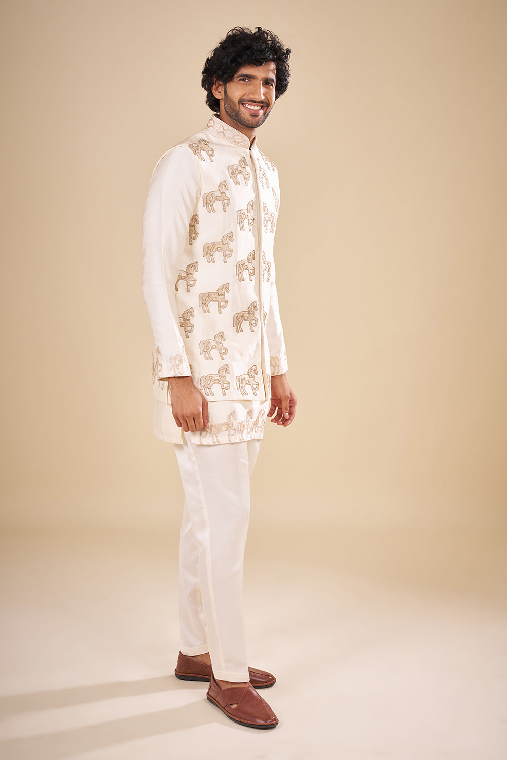 Ivory Silk Bundi Men Jacket Set with Zari Embroidery