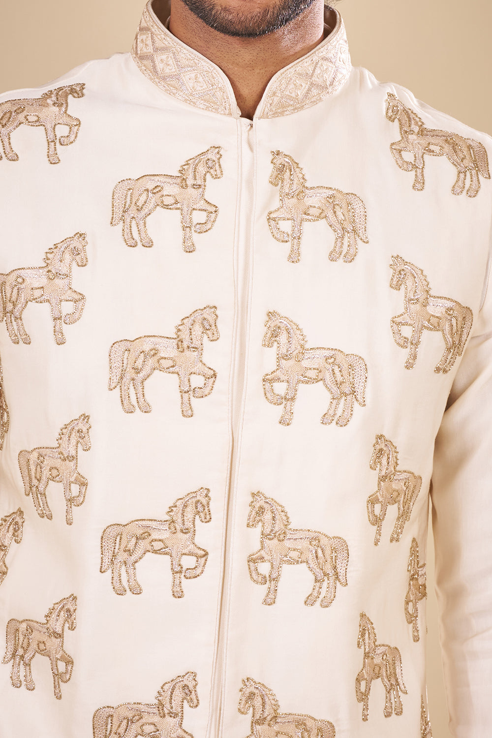 Ivory Silk Bundi Men Jacket Set with Zari Embroidery