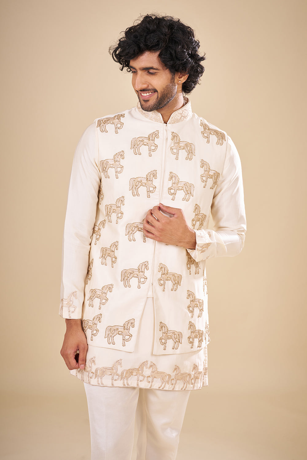 Ivory Silk Bundi Men Jacket Set with Zari Embroidery