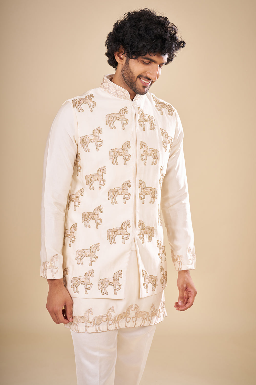 Ivory Silk Bundi Men Jacket Set with Zari Embroidery