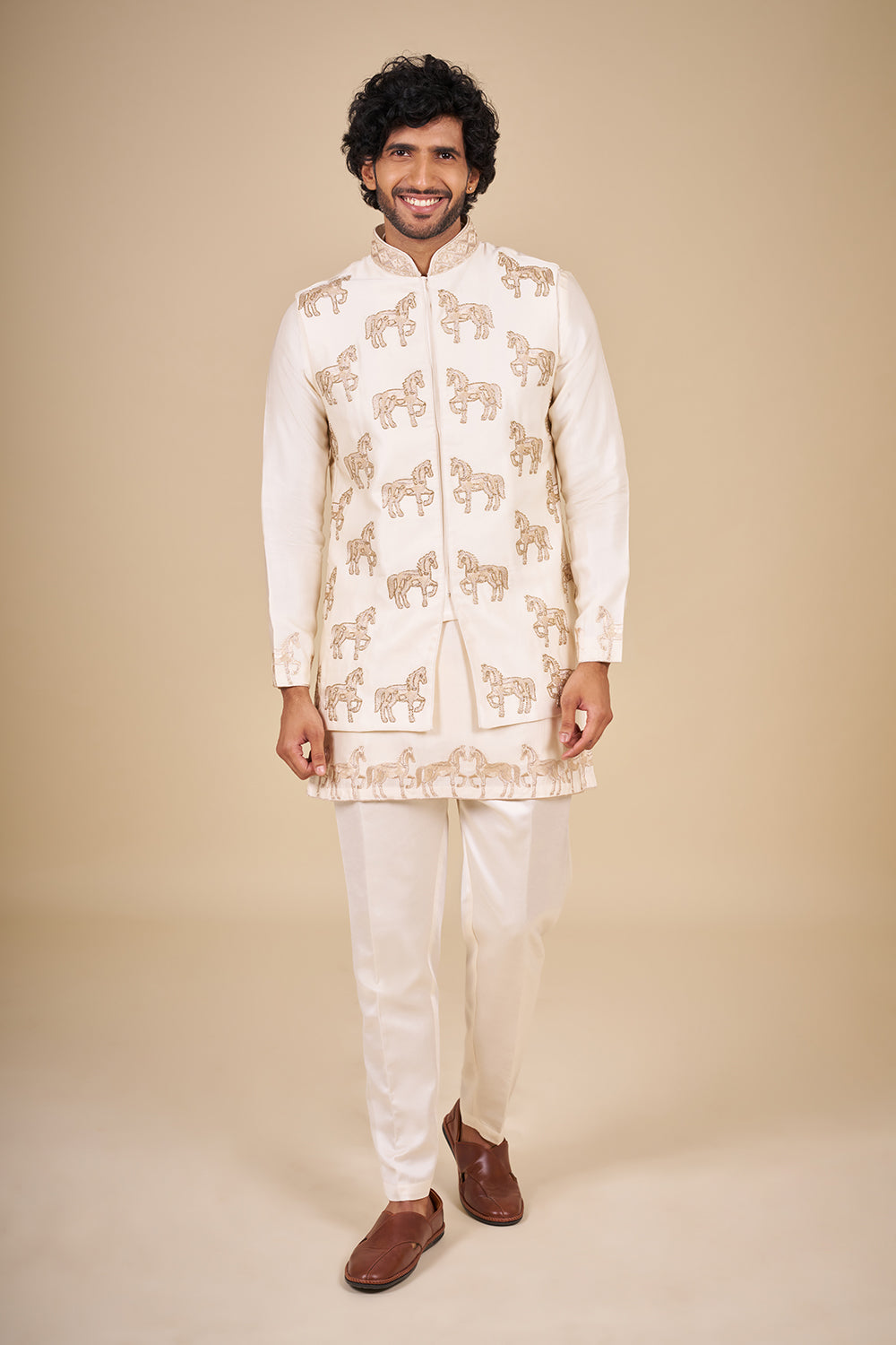 Ivory Silk Bundi Men Jacket Set with Zari Embroidery