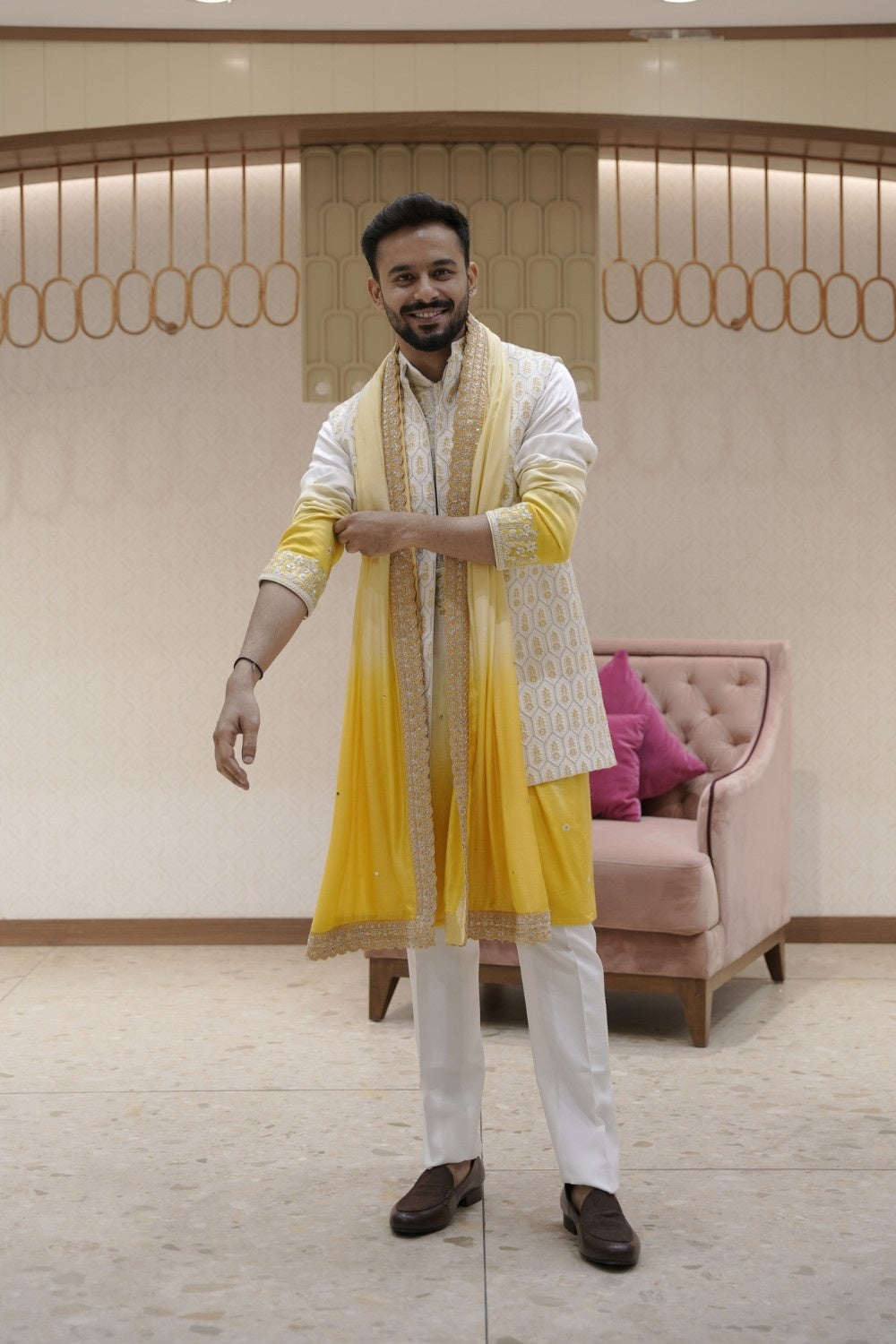 Yellow Silk Kurta Set with Silver Thread Embroidered Jacket and Dupatta