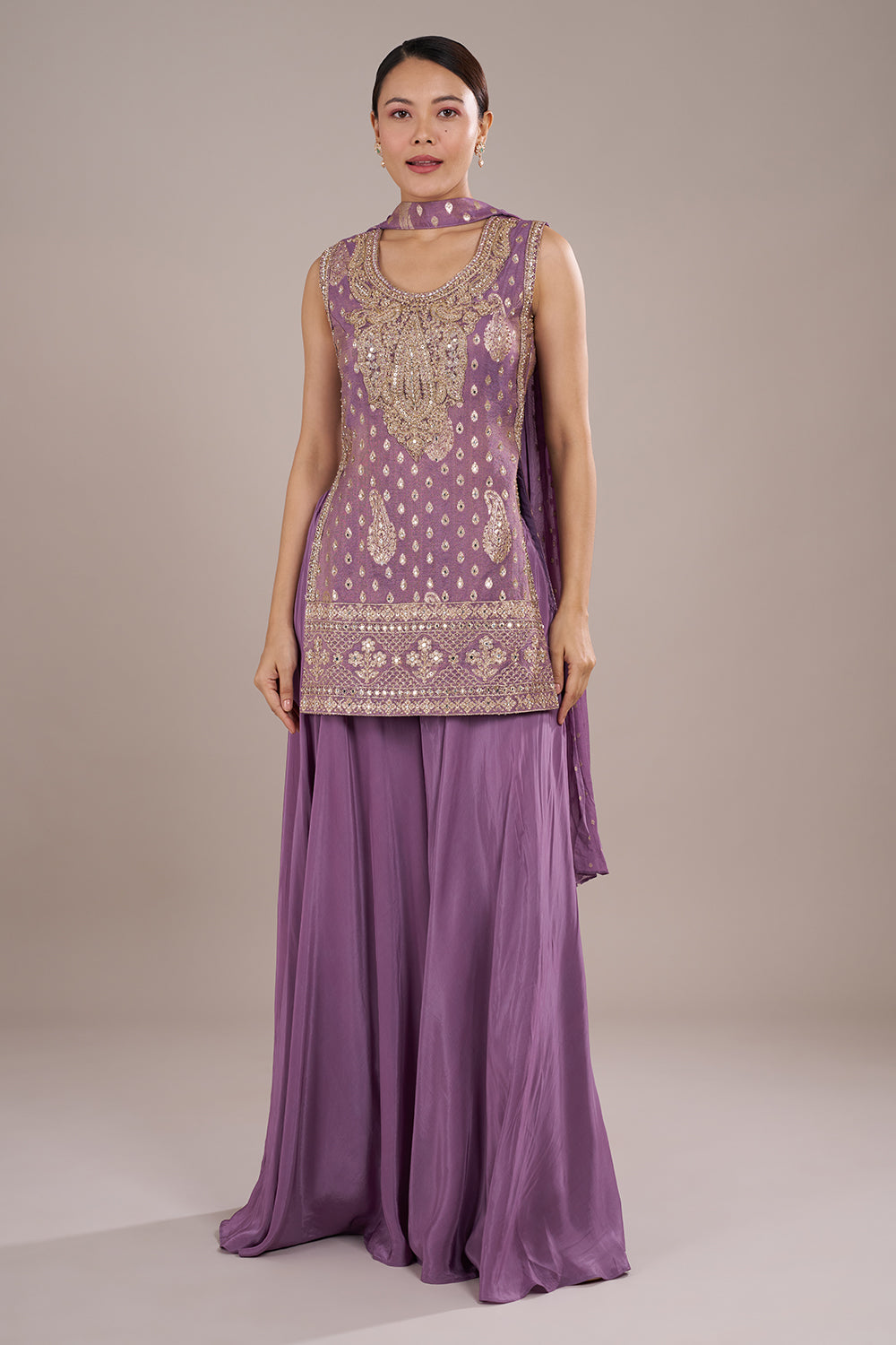 Lavender Sharara Set in Silk Crepe with Mirror Work