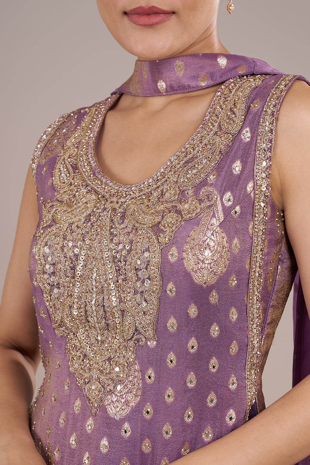 Lavender Sharara Set in Silk Crepe with Mirror Work