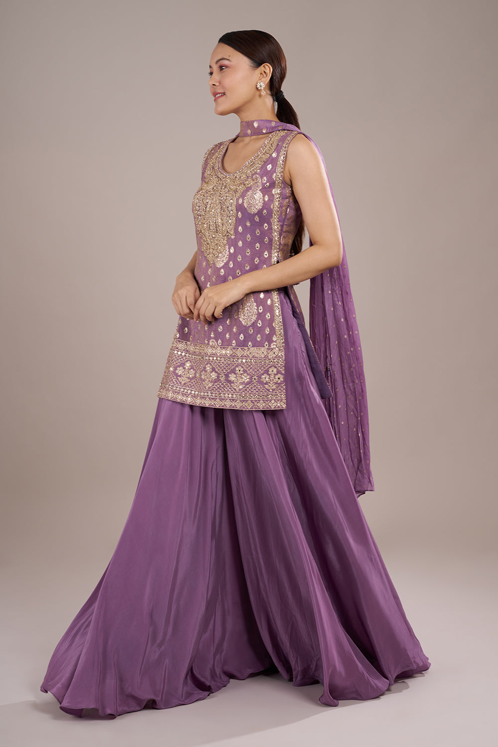 Lavender Sharara Set in Silk Crepe with Mirror Work