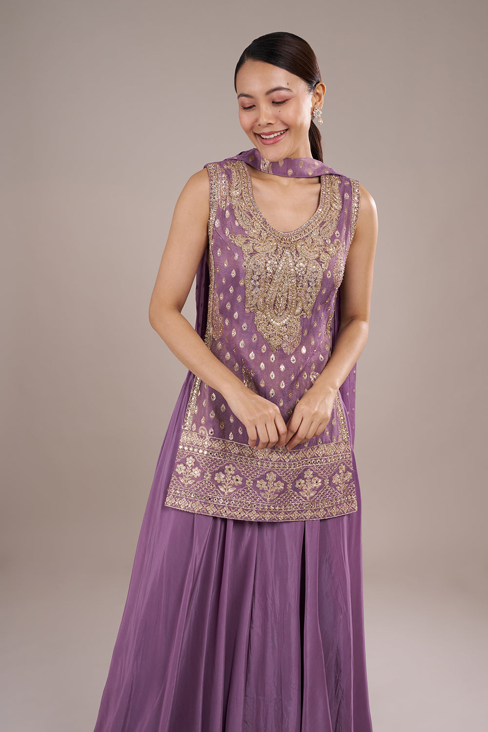 Lavender Sharara Set in Silk Crepe with Mirror Work