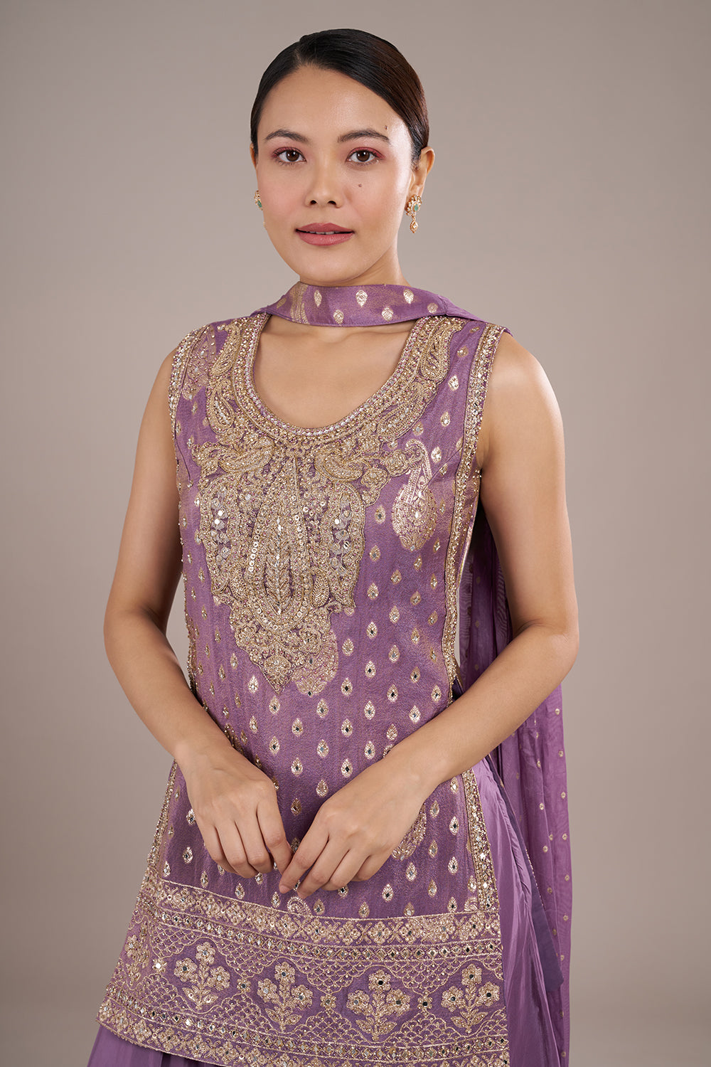 Lavender Sharara Set in Silk Crepe with Mirror Work