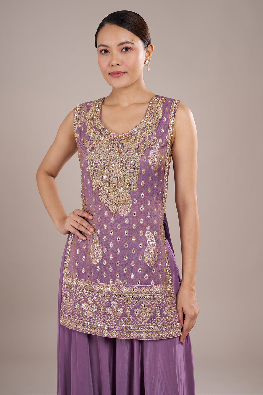 Lavender Sharara Set in Silk Crepe with Mirror Work