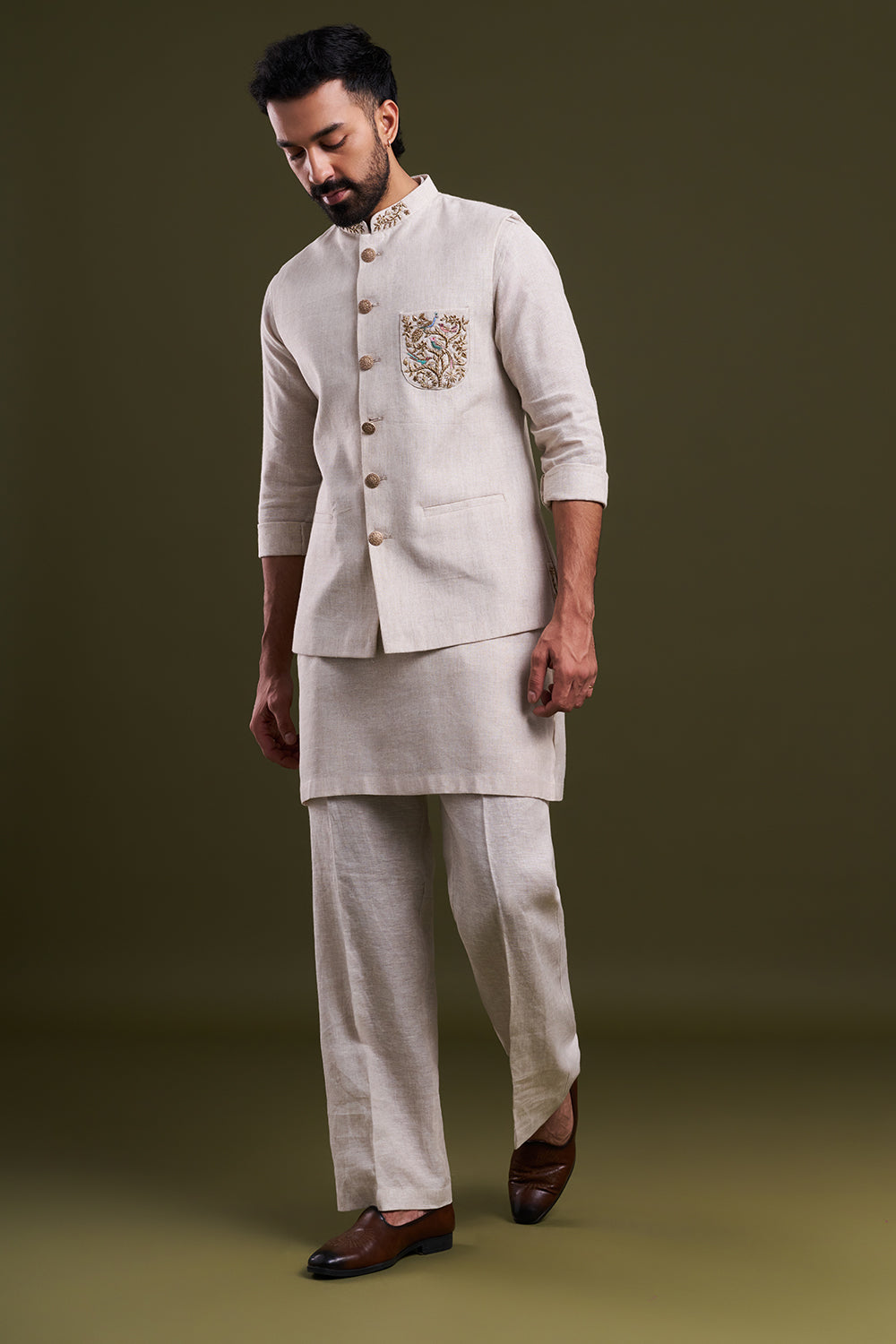 Light Beige Linen Zardozi Men's Kurta with Jacket