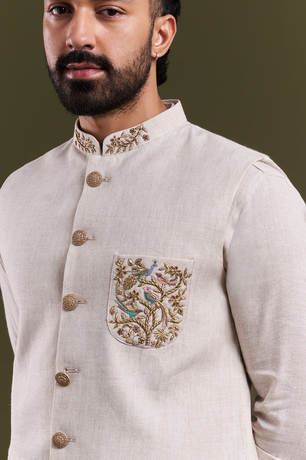 Light Beige Linen Zardozi Men's Kurta with Jacket
