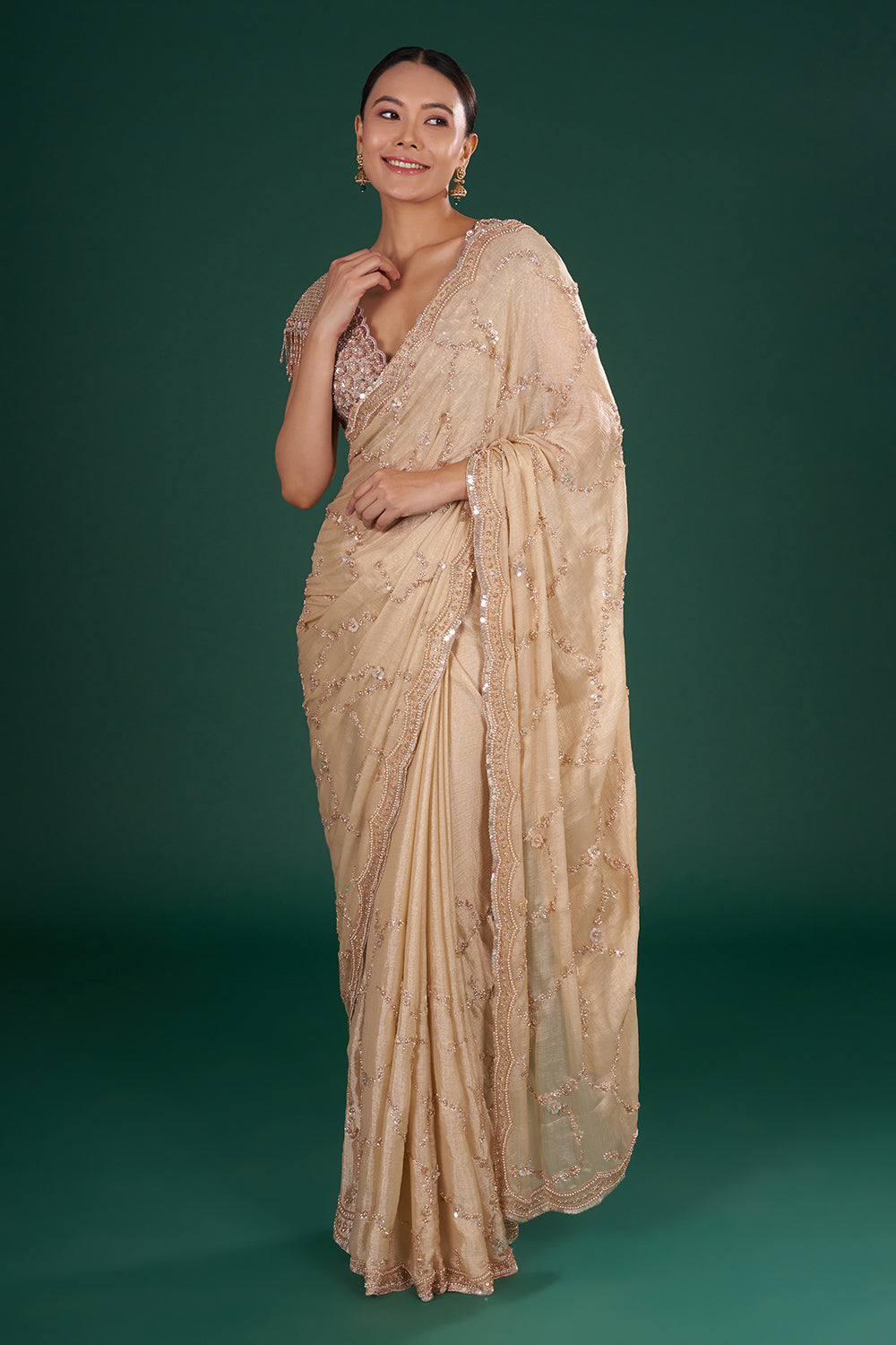 Light Gold Embroidered Shimmer Crush Chiffon Saree with Rose Gold Sequin