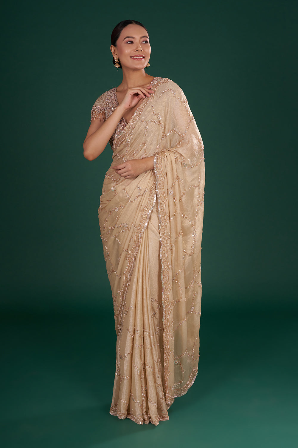 Light Gold Embroidered Shimmer Crush Chiffon Saree with Rose Gold Sequin