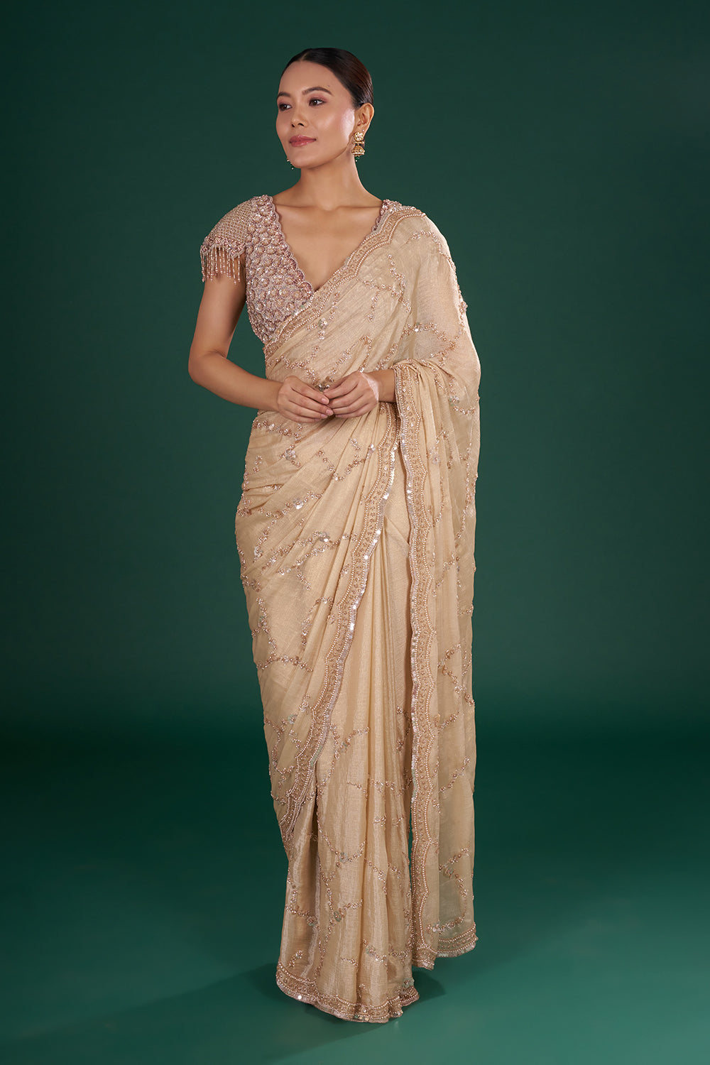 Light Gold Embroidered Shimmer Crush Chiffon Saree with Rose Gold Sequin