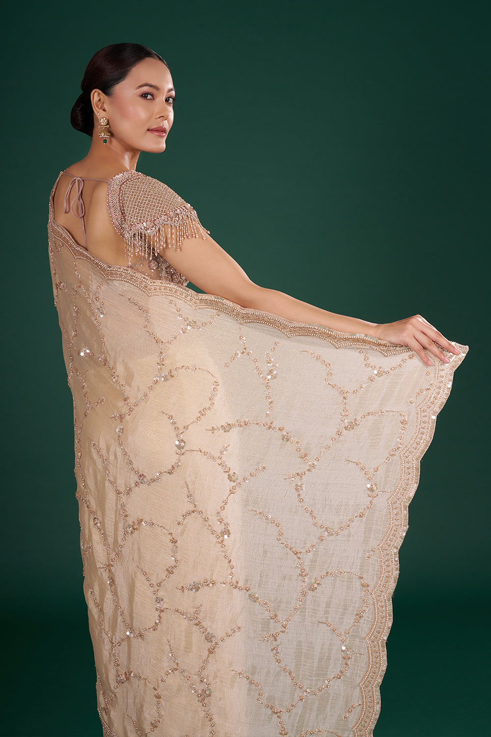 Light Gold Embroidered Shimmer Crush Chiffon Saree with Rose Gold Sequin