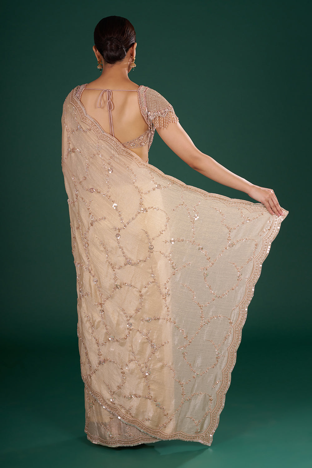 Light Gold Embroidered Shimmer Crush Chiffon Saree with Rose Gold Sequin