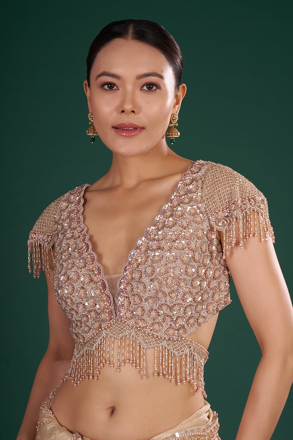 Light Gold Embroidered Shimmer Crush Chiffon Saree with Rose Gold Sequin