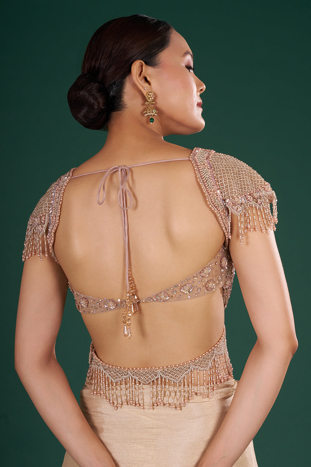 Light Gold Embroidered Shimmer Crush Chiffon Saree with Rose Gold Sequin