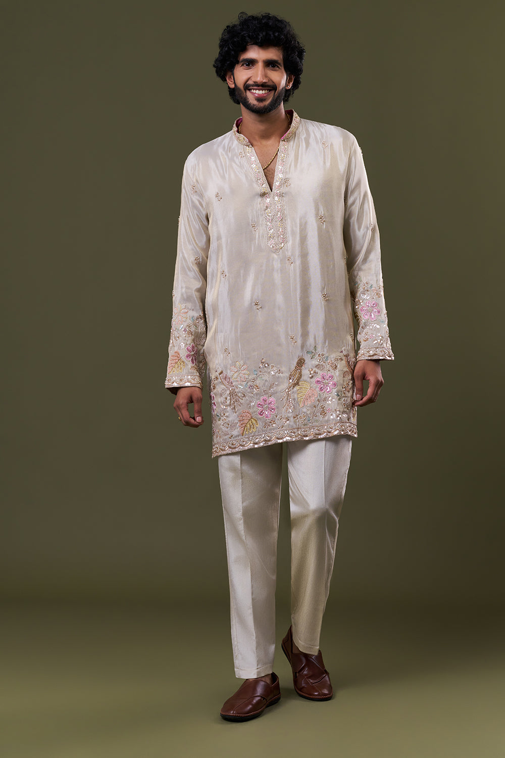 Light Gold Tissue Silk Floral Resham Embellished Kurta Set