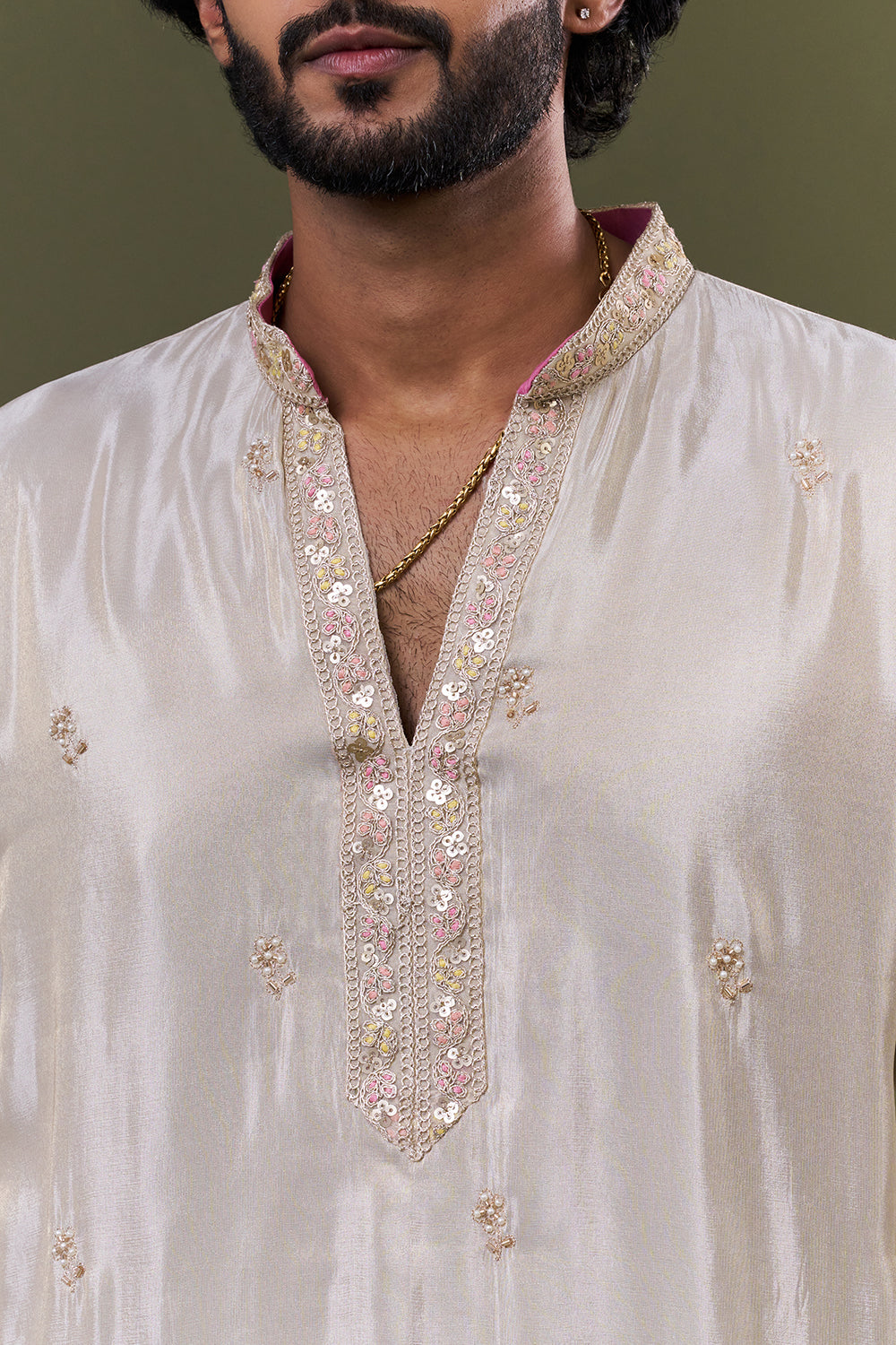 Light Gold Tissue Silk Floral Resham Embellished Kurta Set