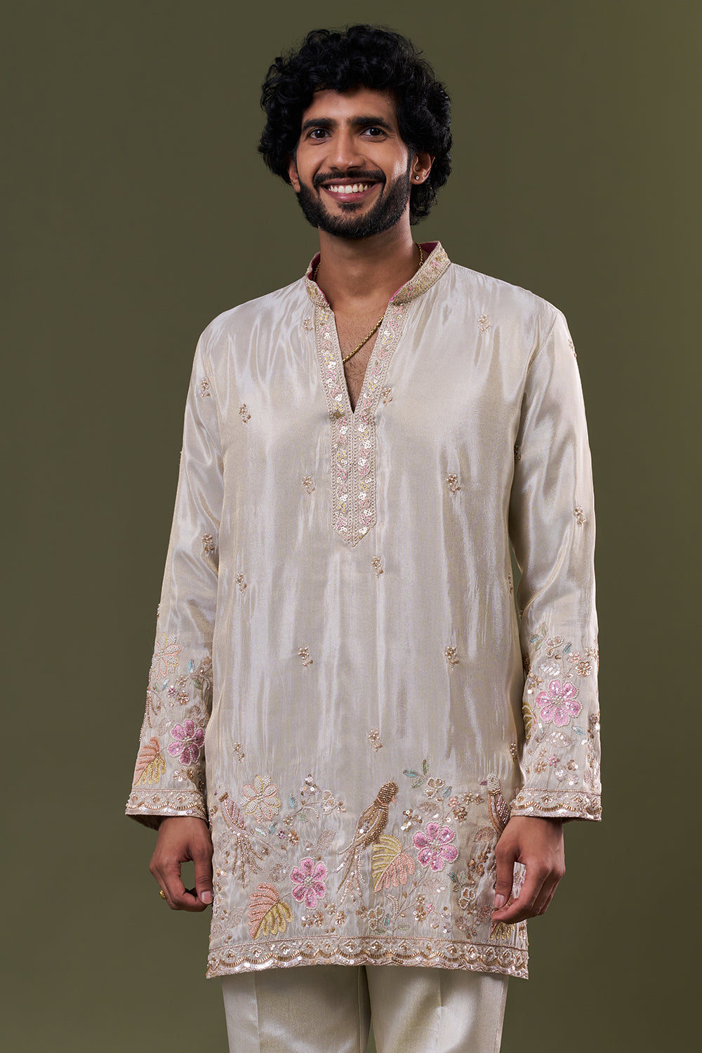 Light Gold Tissue Silk Floral Resham Embellished Kurta Set