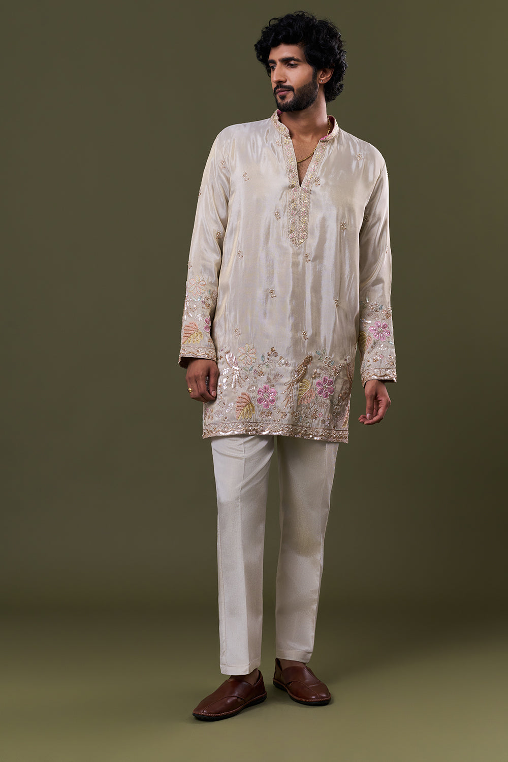 Light Gold Tissue Silk Floral Resham Embellished Kurta Set