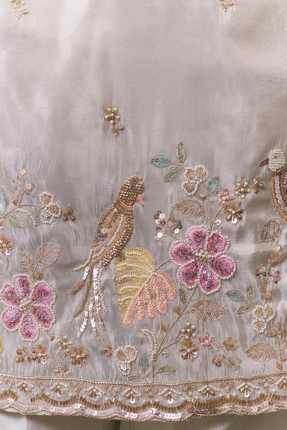 Light Gold Tissue Silk Floral Resham Embellished Kurta Set