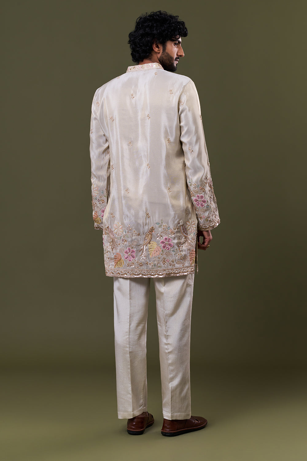 Light Gold Tissue Silk Floral Resham Embellished Kurta Set
