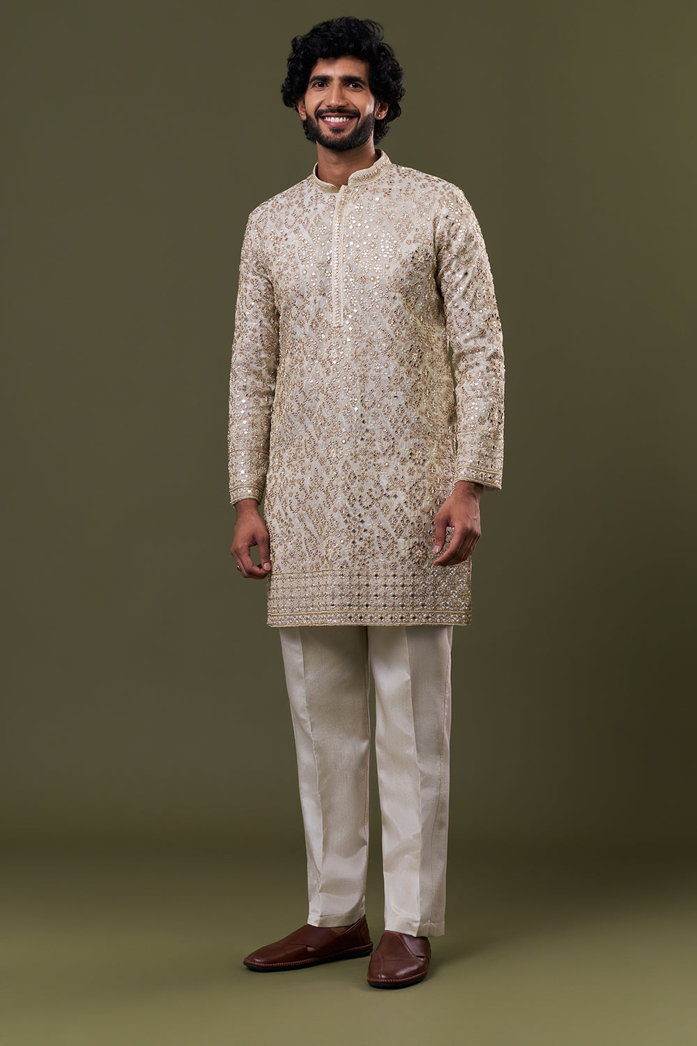 Light Gold Tissue Silk Mirror Embellished Kurta Set