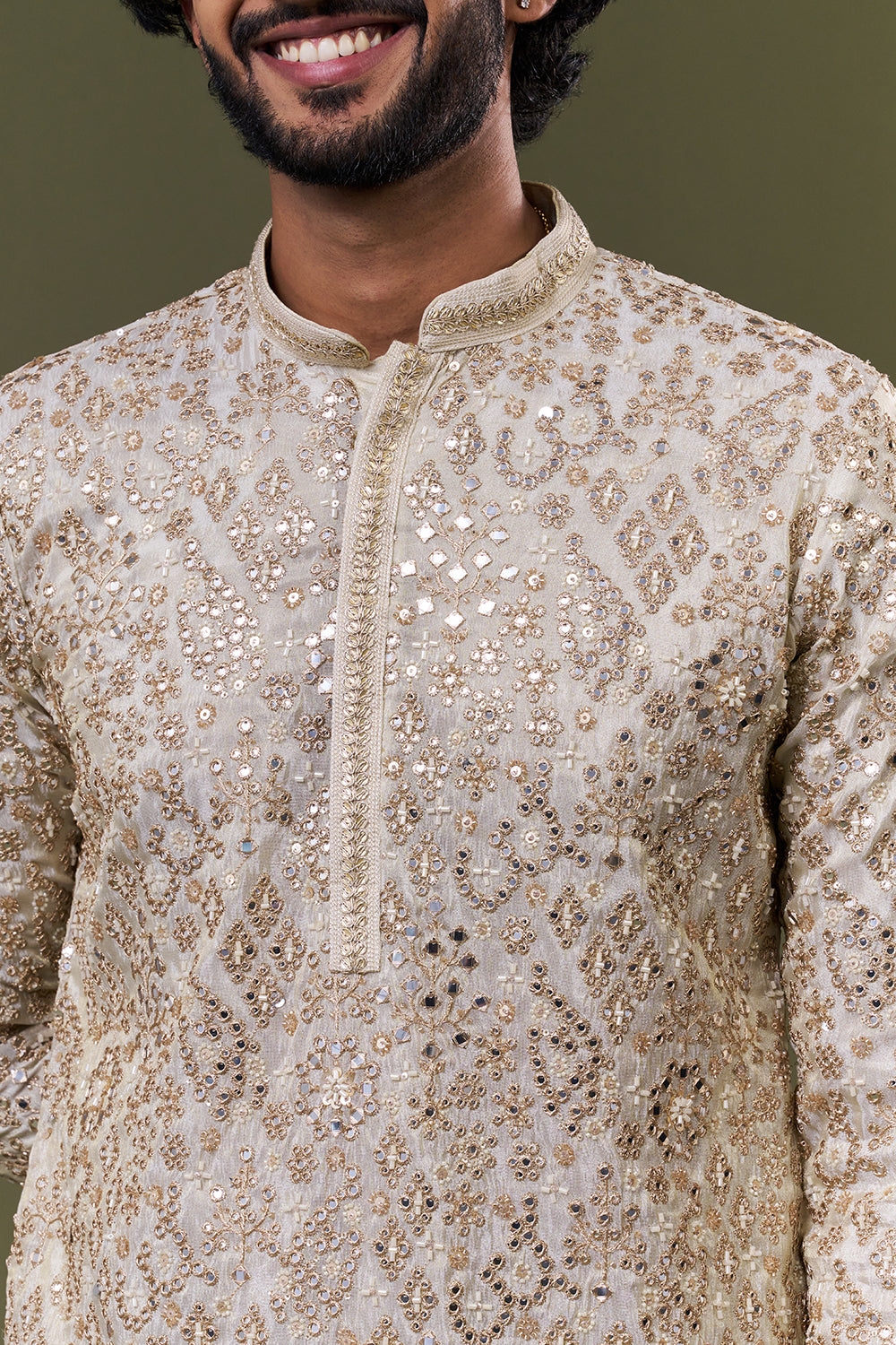 Light Gold Tissue Silk Mirror Embellished Kurta Set