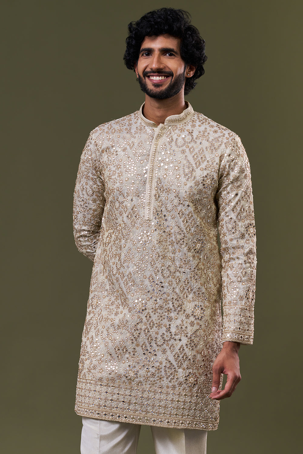 Light Gold Tissue Silk Mirror Embellished Kurta Set