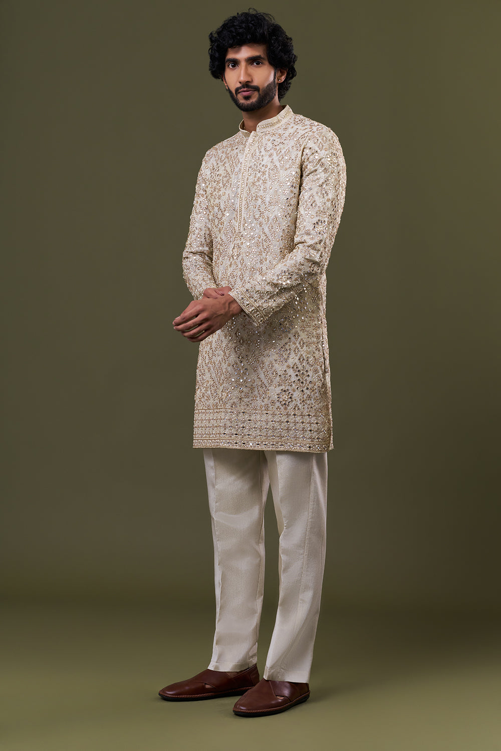 Light Gold Tissue Silk Mirror Embellished Kurta Set