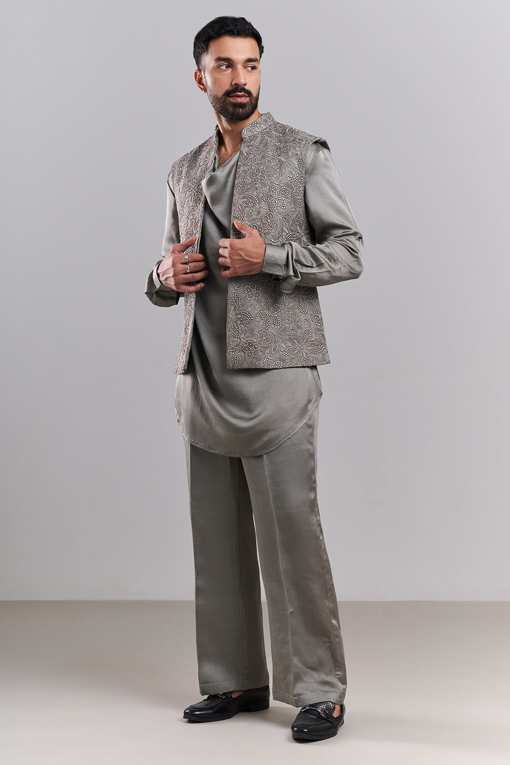 Light Grey Linen Satin Lace Men’s Indo-Western Set