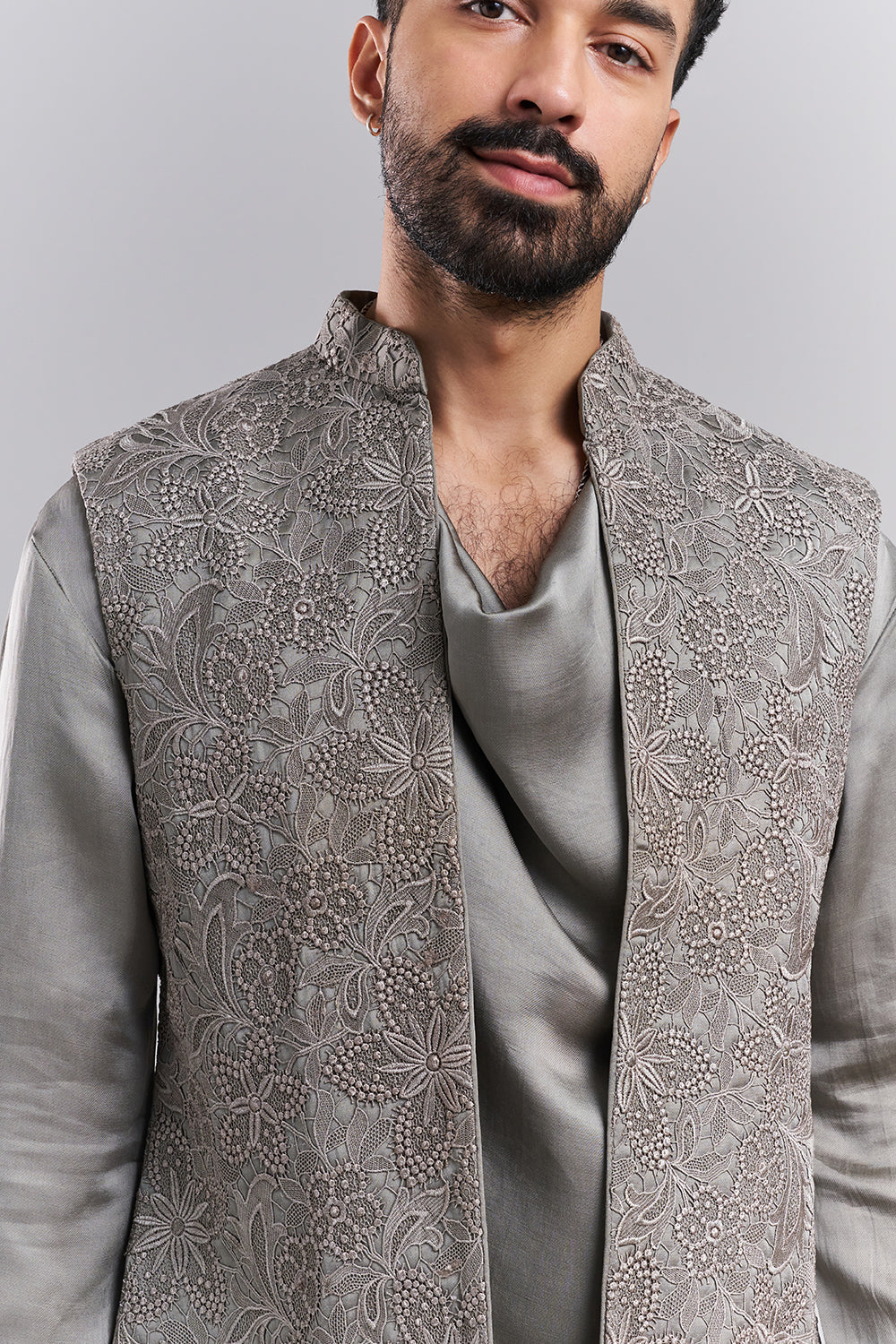 Light Grey Linen Satin Lace Men’s Indo-Western Set