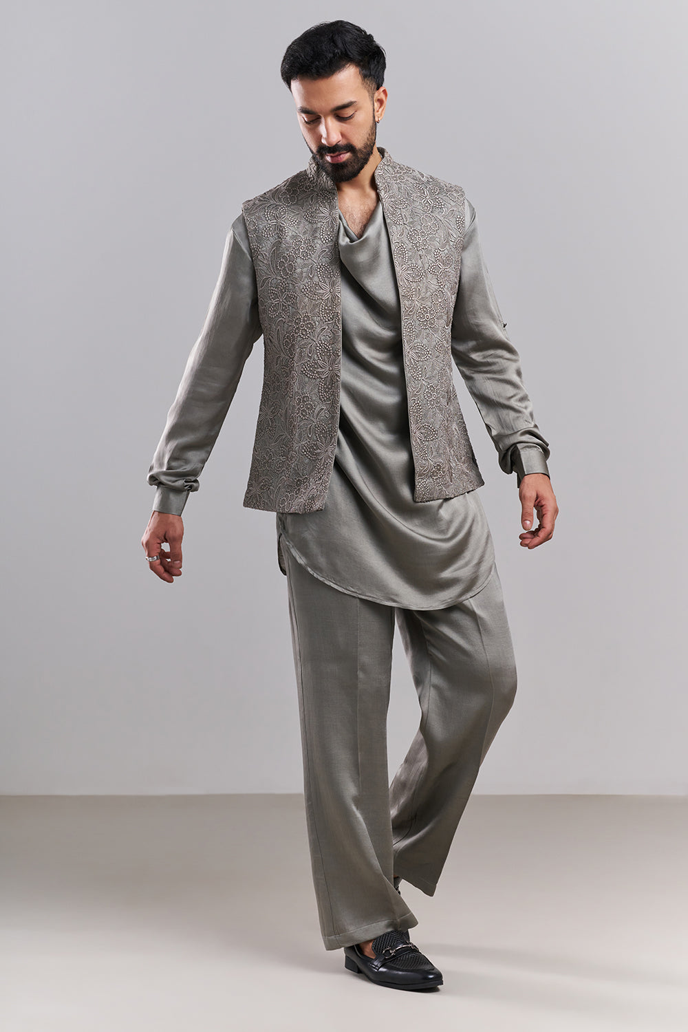 Light Grey Linen Satin Lace Men’s Indo-Western Set