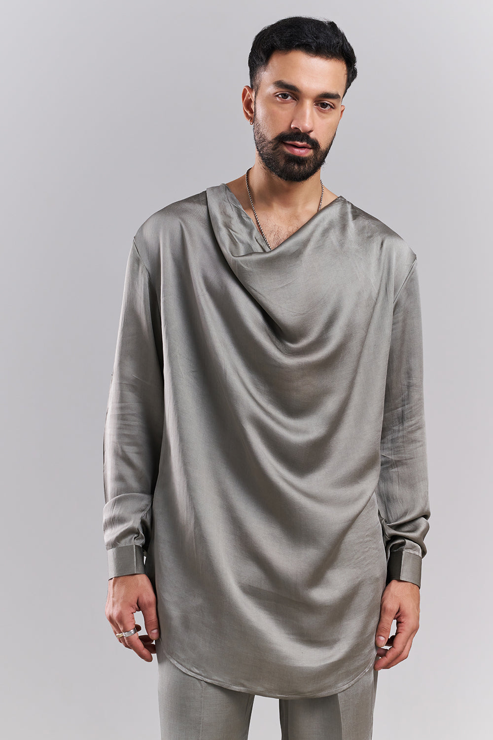 Light Grey Linen Satin Lace Men’s Indo-Western Set