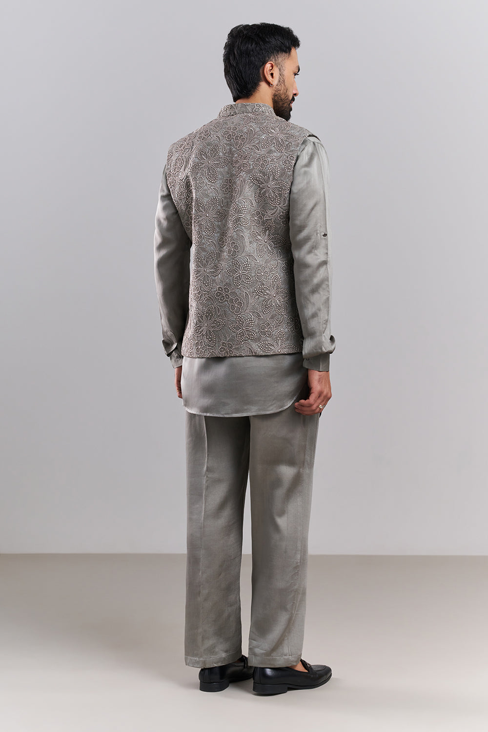 Light Grey Linen Satin Lace Men’s Indo-Western Set