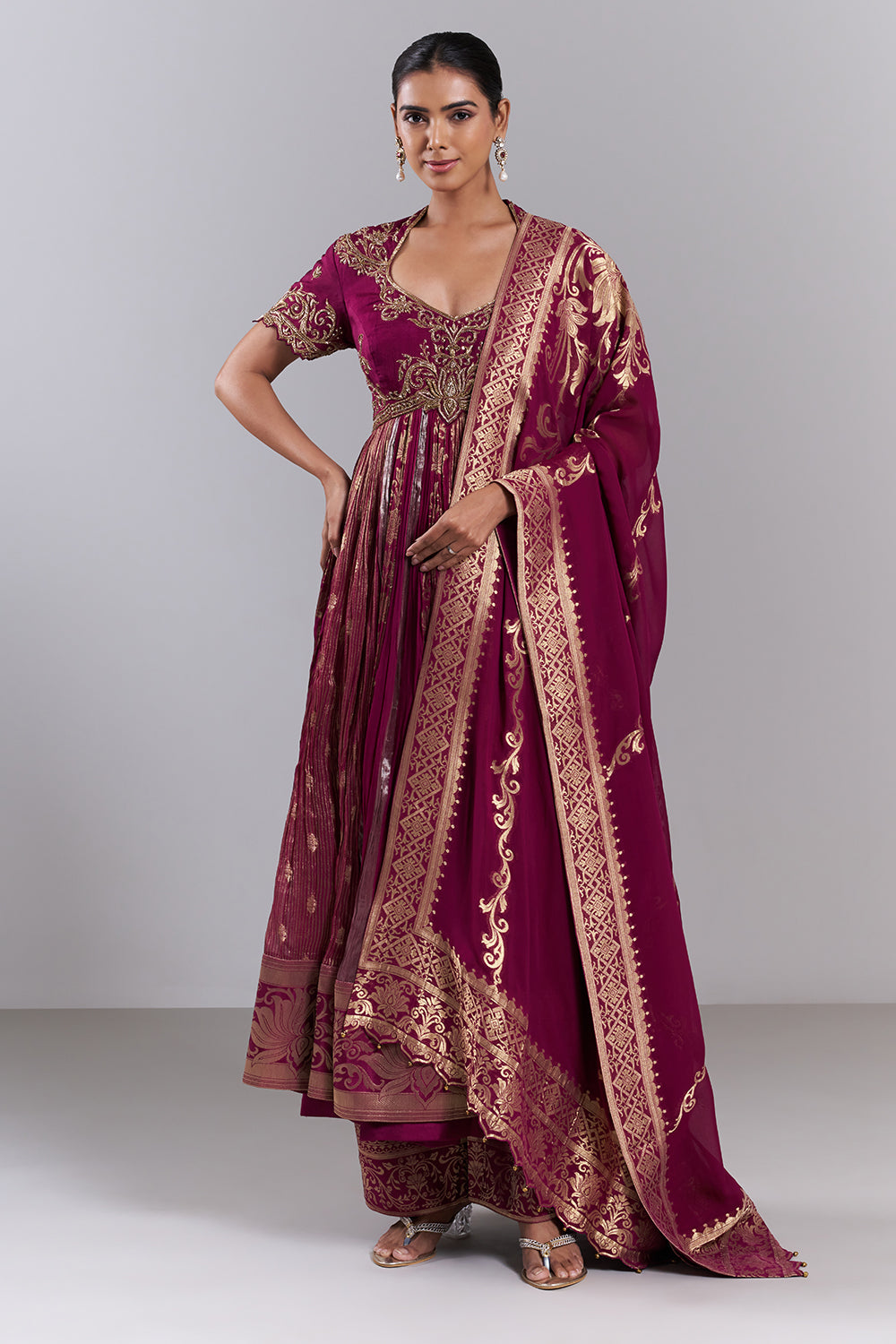 Magenta Silk Dupion Embroidered Kurta Set