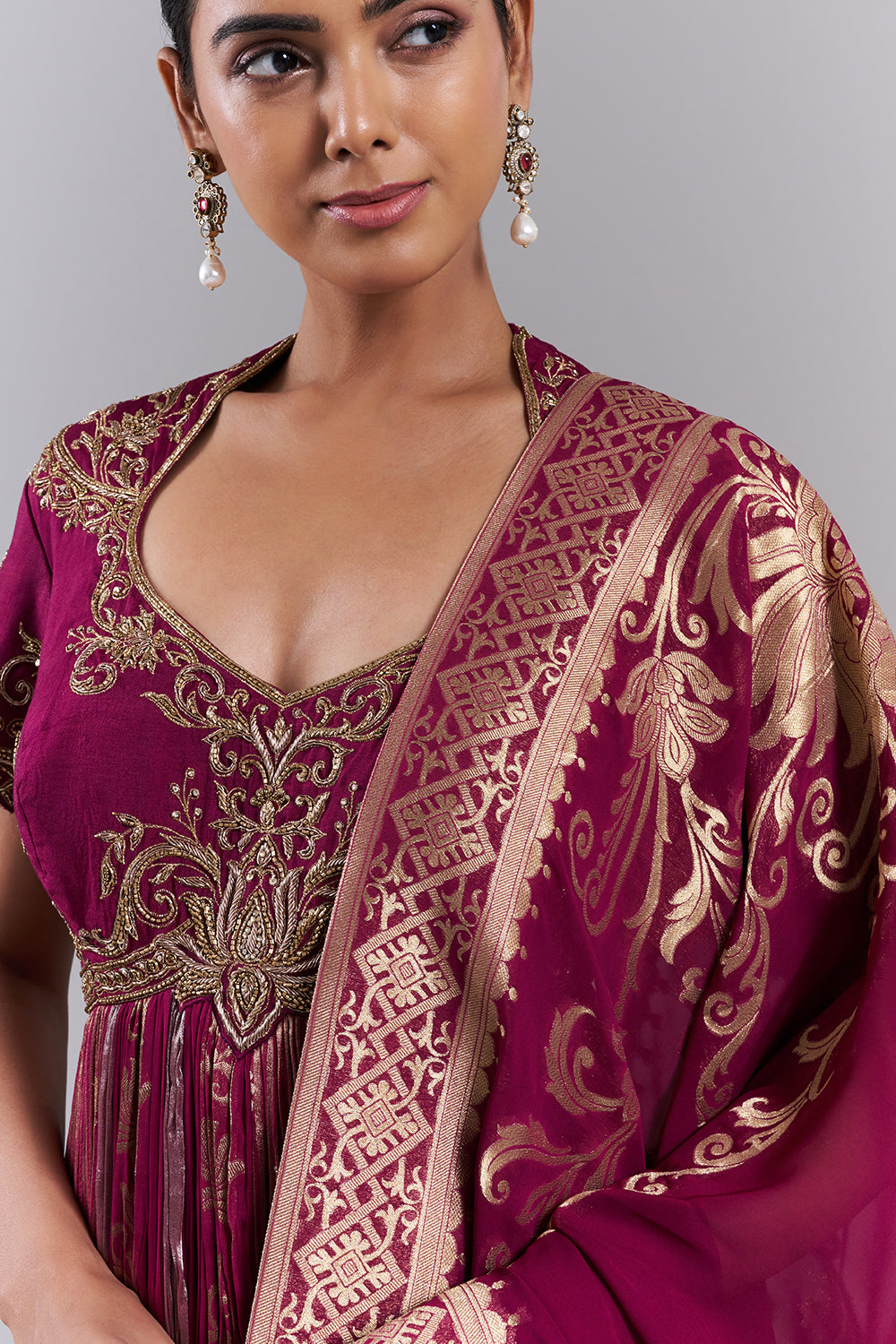 Magenta Silk Dupion Embroidered Kurta Set
