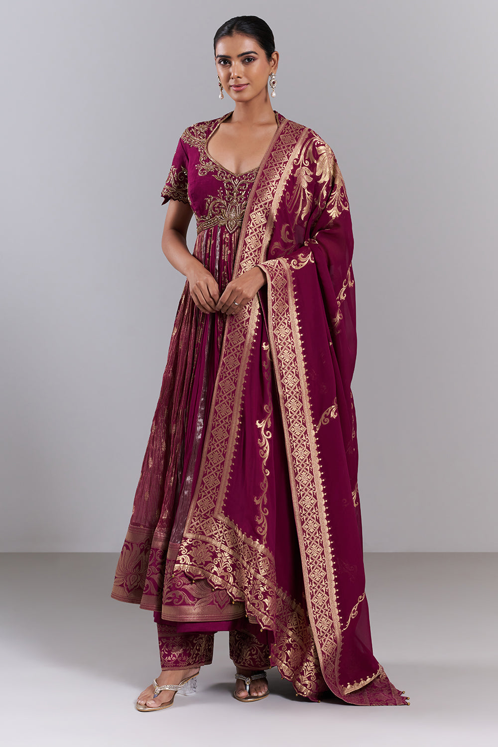 Magenta Silk Dupion Embroidered Kurta Set