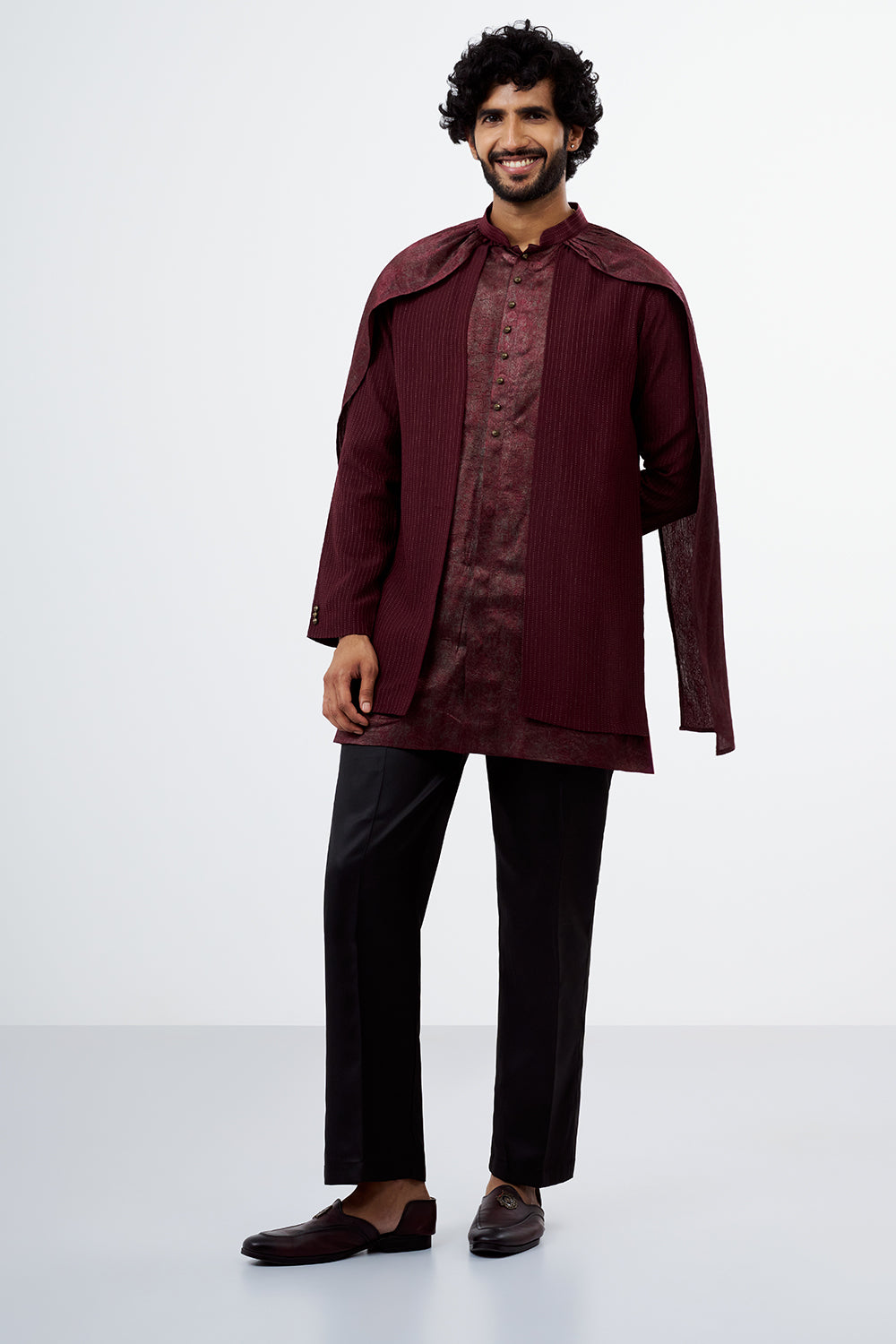 Maroon Shimmer Crush Chiffon Cape Kurta Set
