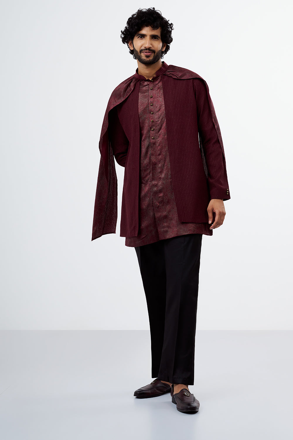 Maroon Shimmer Crush Chiffon Cape Kurta Set