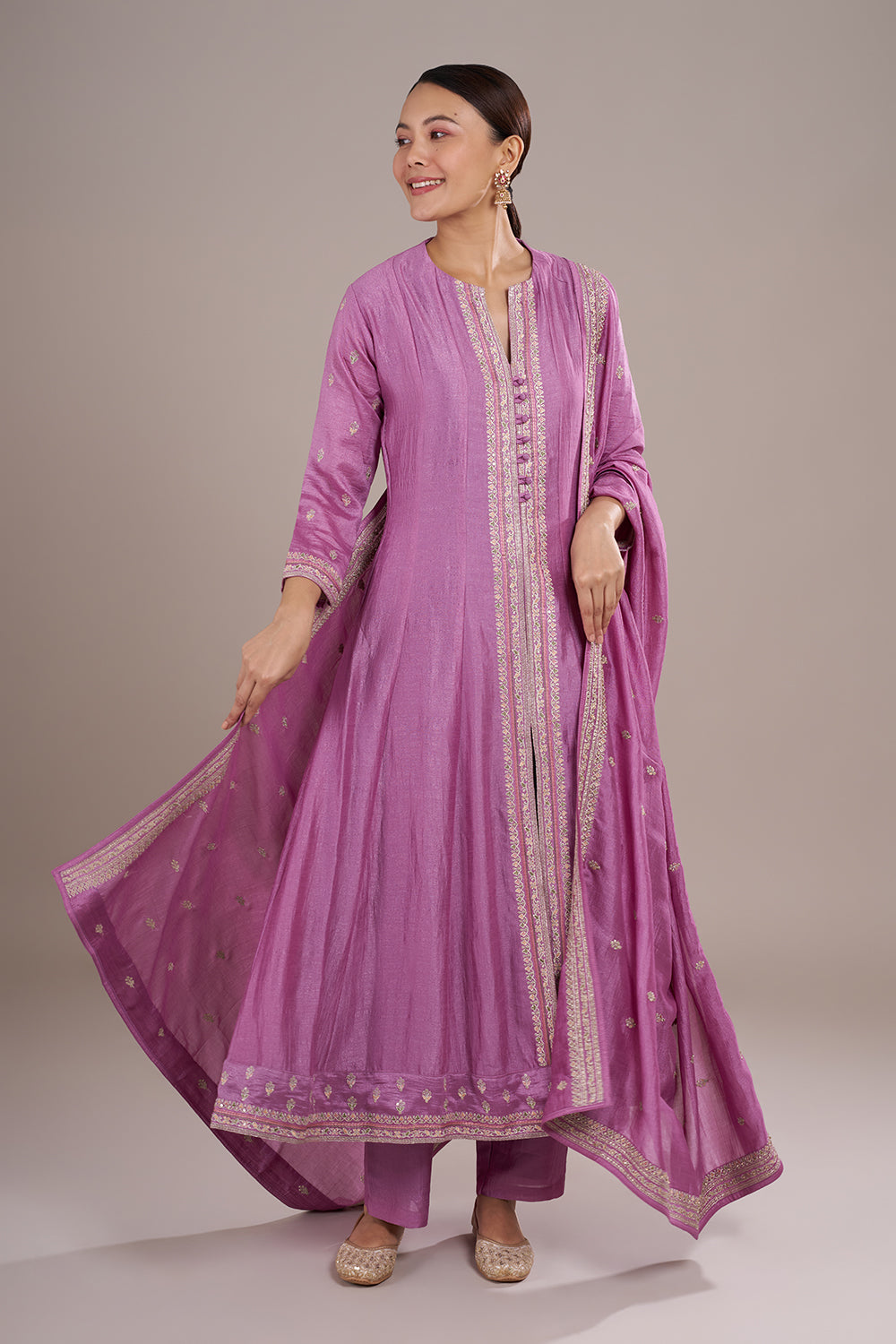 Mauve Silk Blend Anarkali Kurta Set with Resham Embroidery