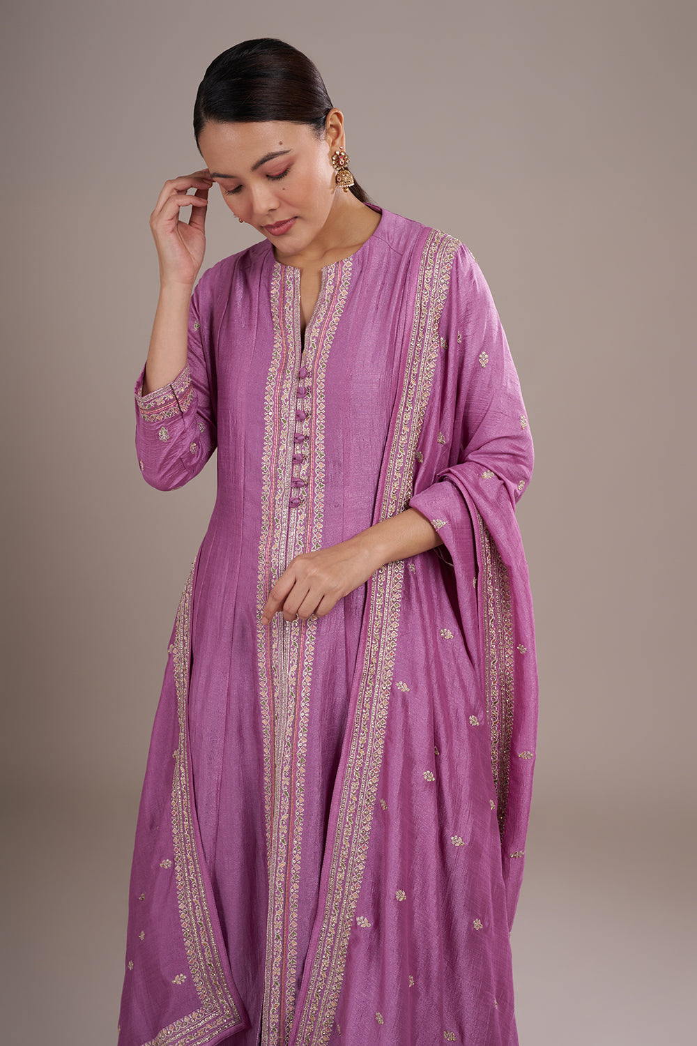 Mauve Silk Blend Anarkali Kurta Set with Resham Embroidery